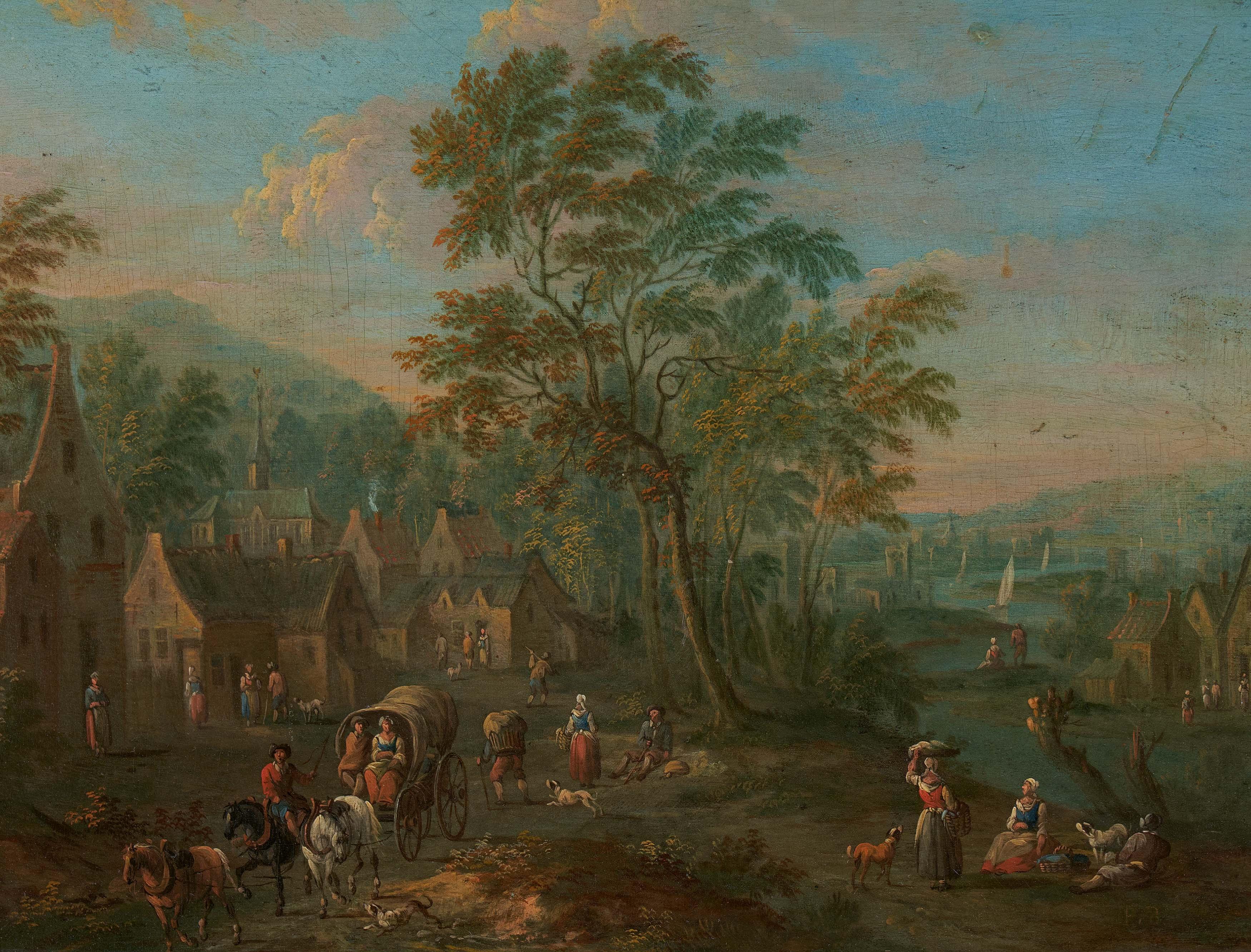 Peeter Van Bredael - Dorflandschaft mit Ausblick in ein Flusstal.