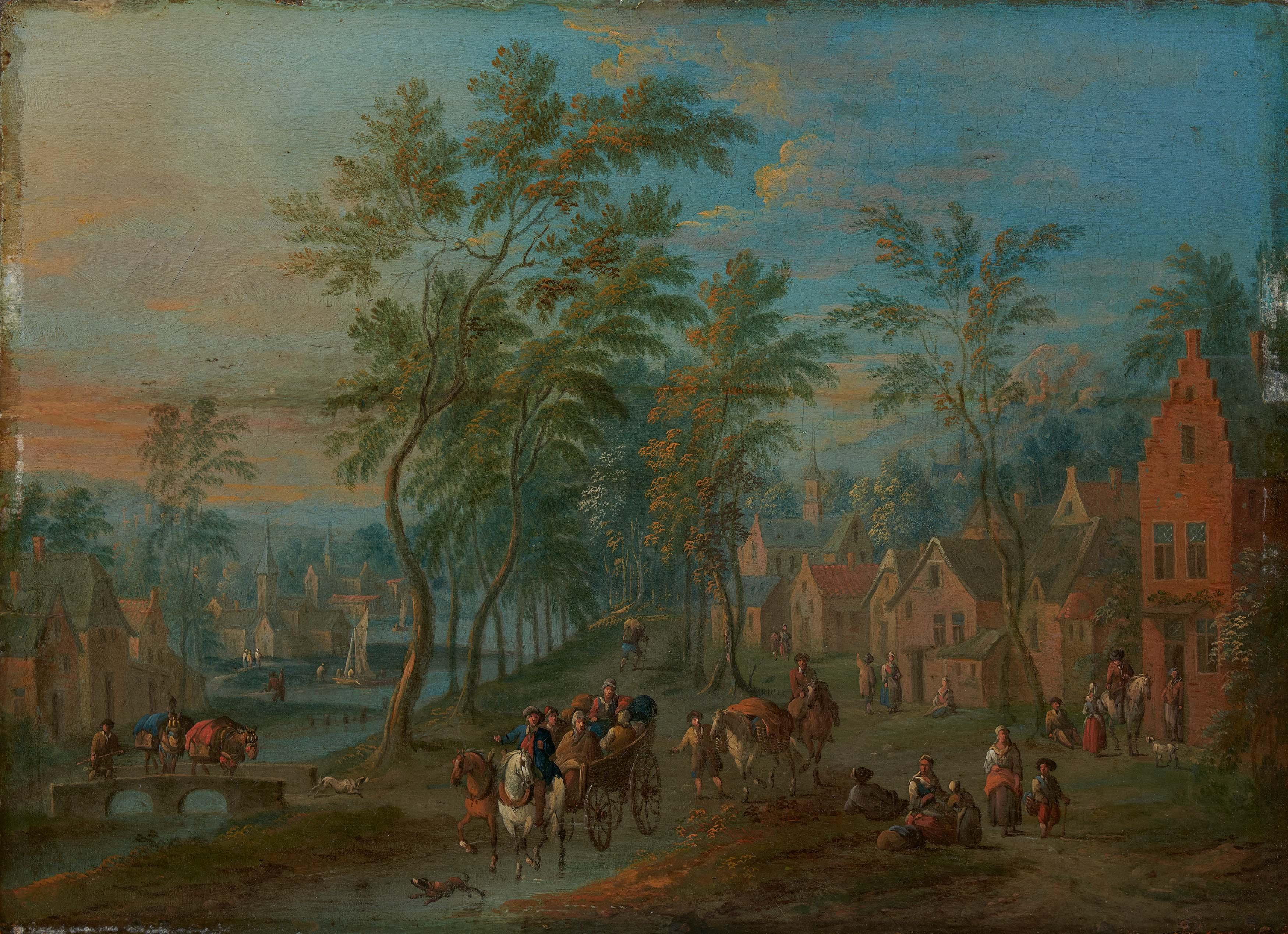 Peeter Van Bredael - Dorflandschaft mit Personen und Pferdefuhrwerken.