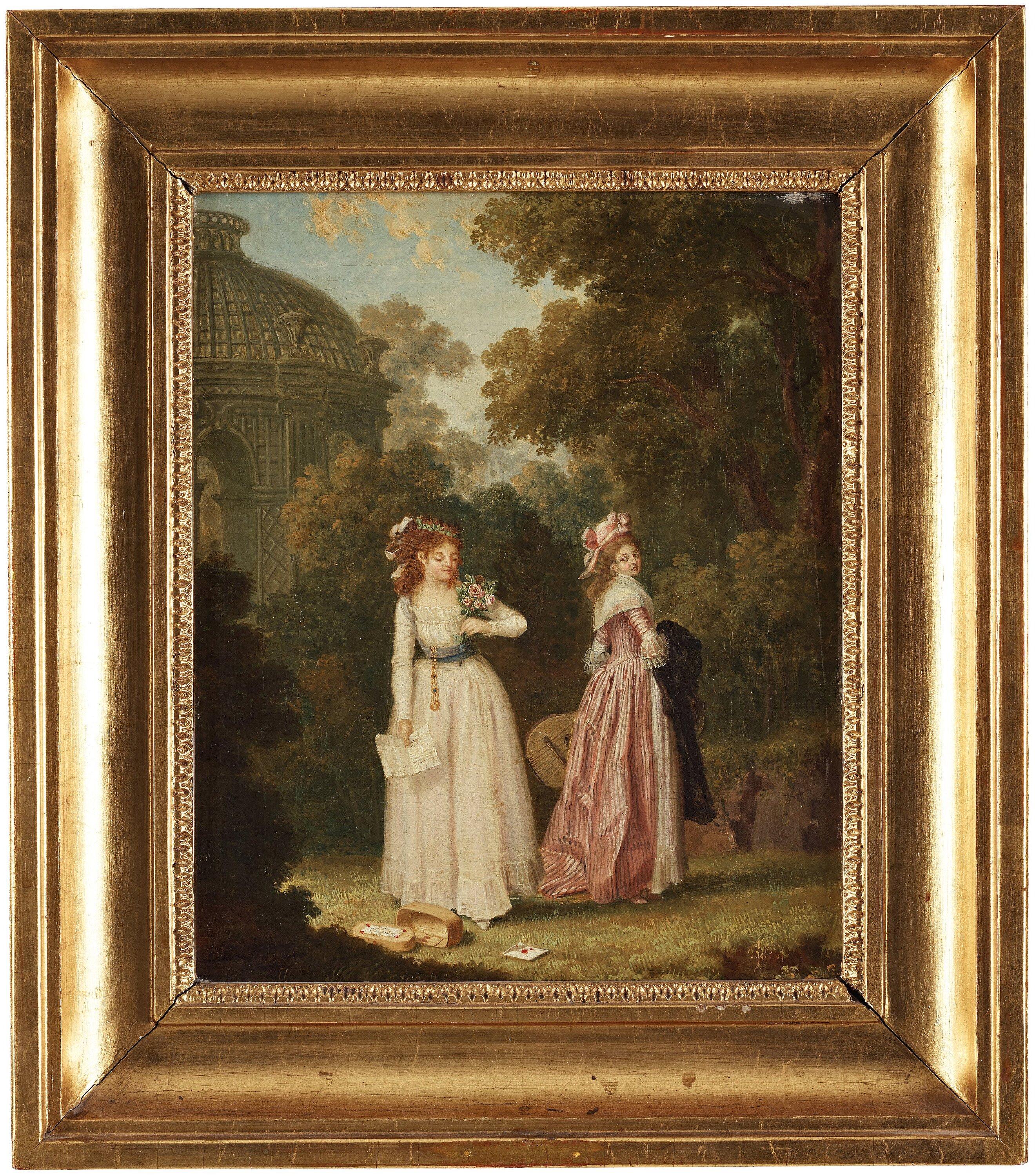 Pehr Hilleström - A lady with a letter and flowers, together with her maid in a park landscape