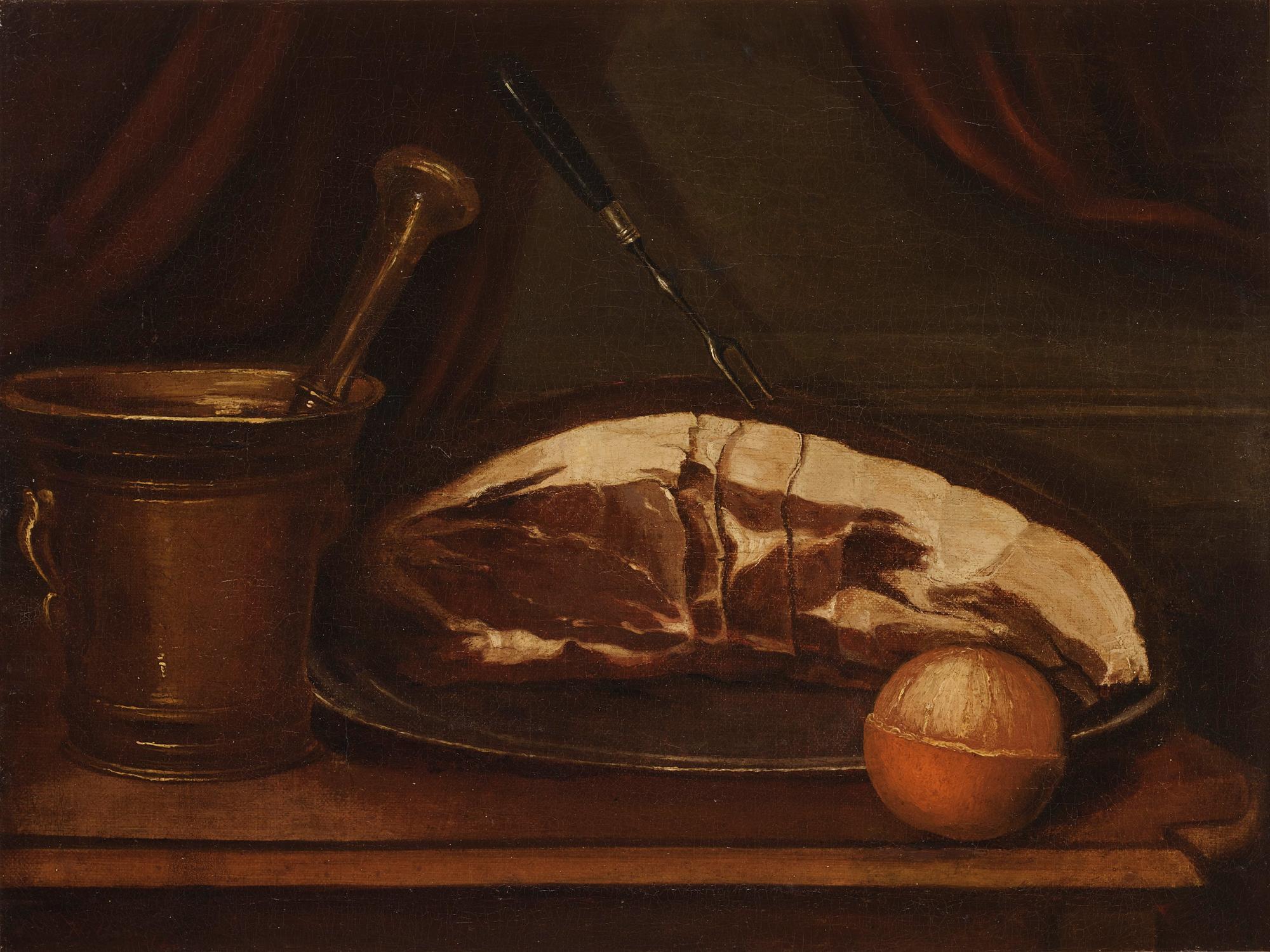 Pehr Hilleström - Still life with piece of meat, mortar, and bitter orange
