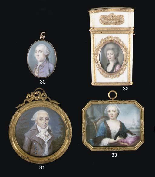 Penelope Carwardine - A young gentleman in lilac-coloured coat and white waistcoat with gold embroidered border, lace cravat, powdered wig en queue