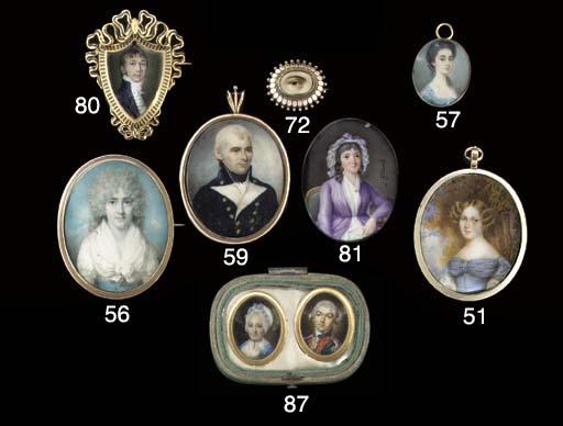 Penelope Carwardine - A young lady, in a low-cut blue dress with a lace collar, pearl choker flowers in her powdered upswept hair