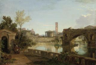 Penry Williams - A view on the Tiber looking towards the Palantine Hill with Santa Maria in Cosmedin and the Temple of Vesta