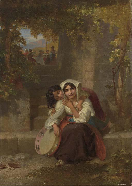 Penry Williams - An Italian girl with a tambourain on a terrace