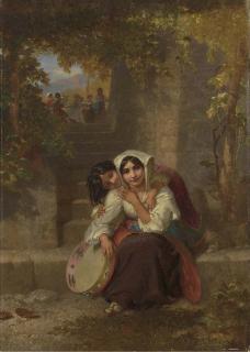 Penry Williams - An Italian girl with a tambourain on a terrace