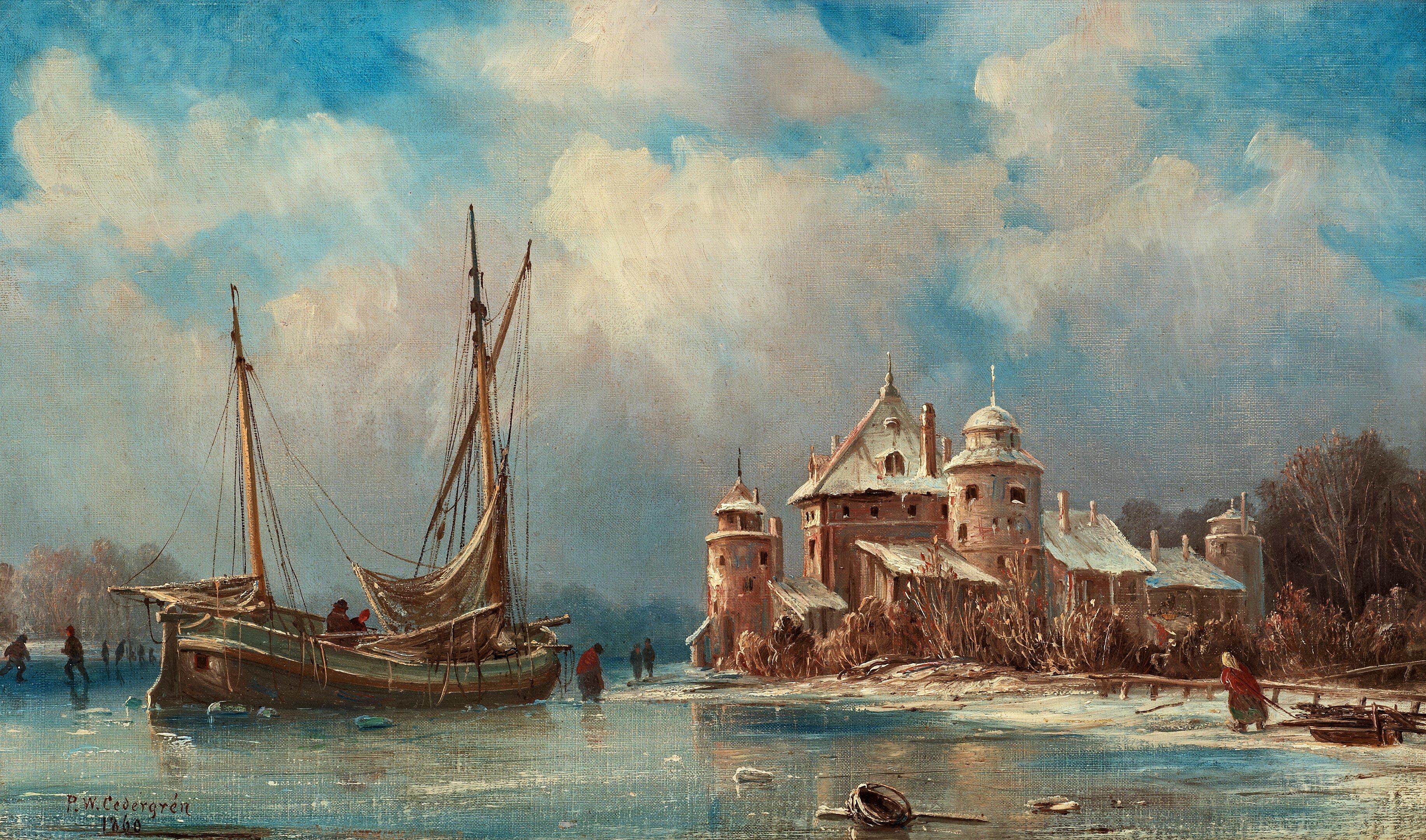 Per Wilhelm Cedergren - Landscape in winter with a lake and a castle