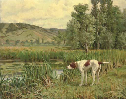 Percival Leonard Rosseau - A Pointer marking Wildfowl in the Reeds