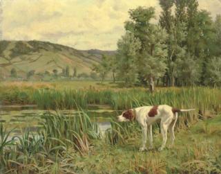 Percival Leonard Rosseau - A Pointer marking Wildfowl in the Reeds