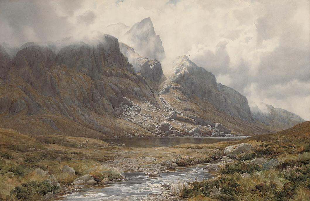 Percy Dixon, R.I. - Deer grazing before the North face of Beinn Aridh Charr, Ross-shire