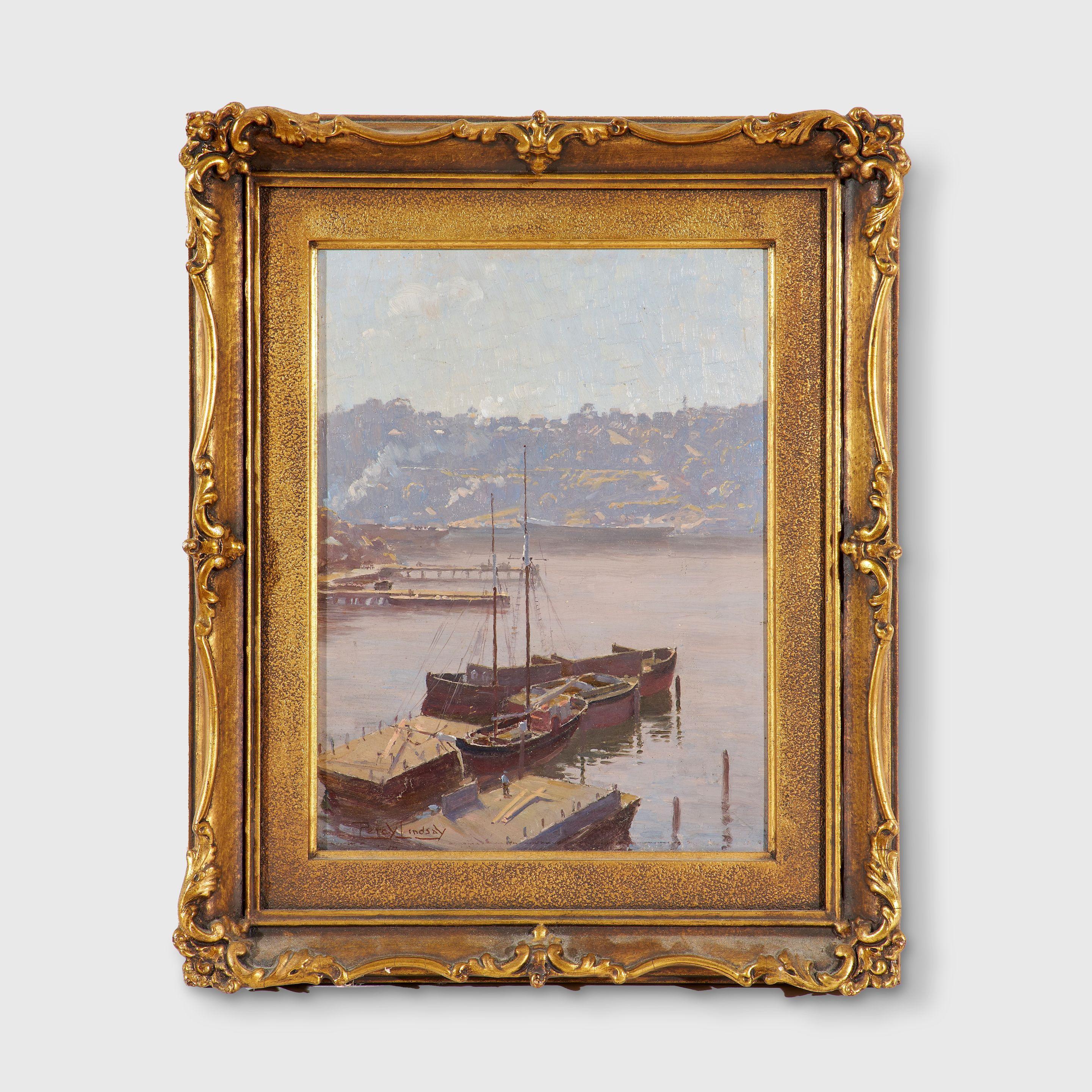 Percy Lindsay - Berry\'s Bay, Misty Morning Original: S.A. Parker Framer, Sydney (label attached verso)