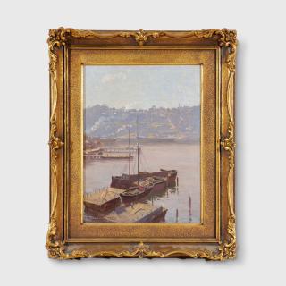 Percy Lindsay - Berry\'s Bay, Misty Morning Original: S.A. Parker Framer, Sydney (label attached verso)