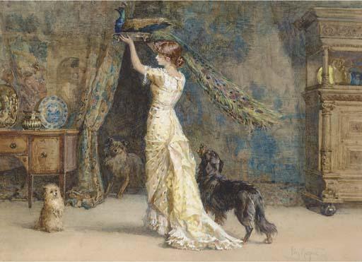 Percy Macquoid - A lady standing in an interior, holding a peacock, with two dogs at her side