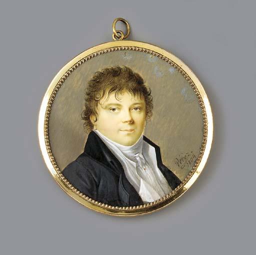 Pérèz - A young gentleman, facing right in black coat, white waistcoat and tied cravat, curling brown hair