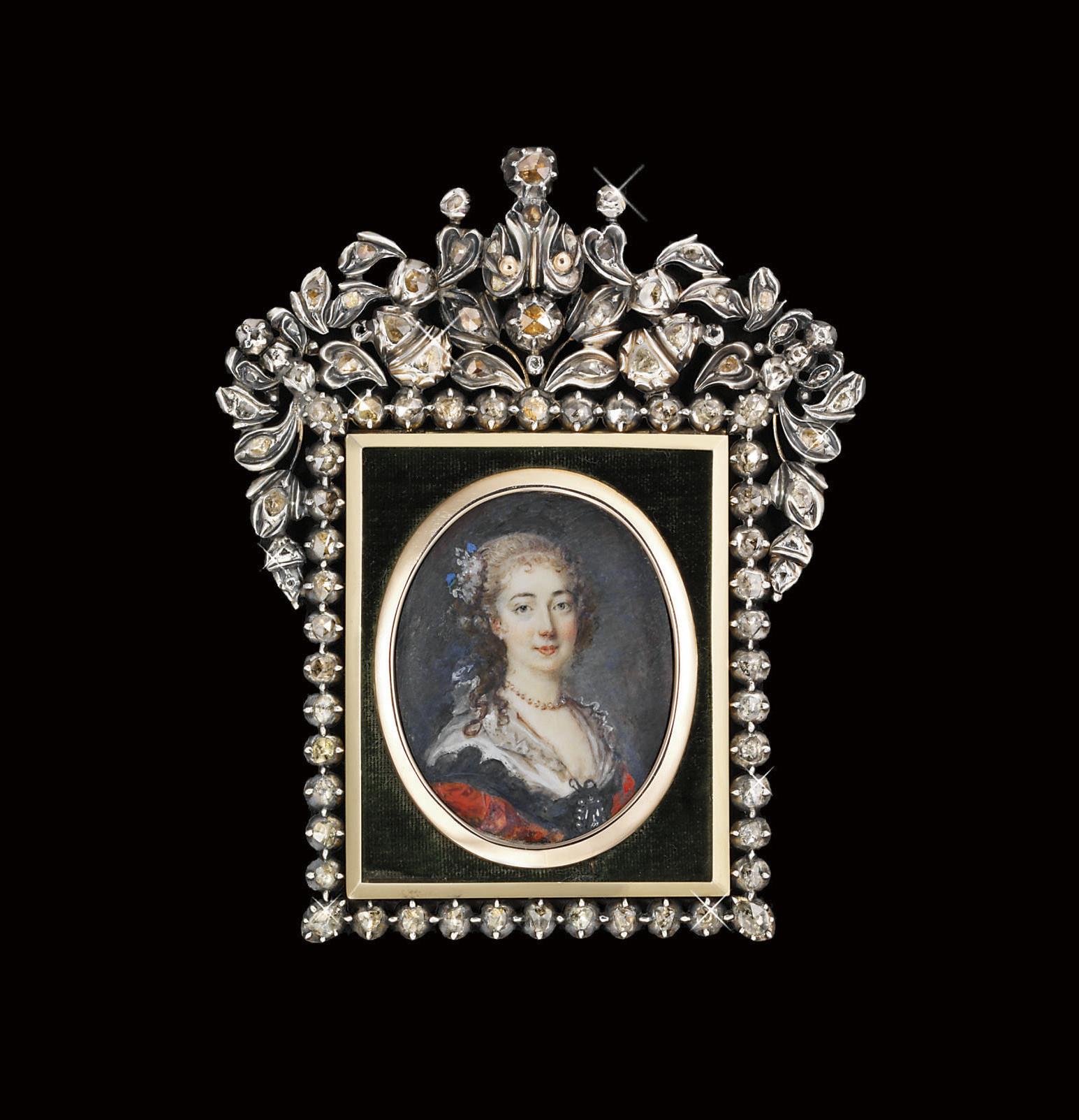 Peter Adolf Hall - A girl, in Van Dyck costume of red satin dress with black scalloped neckline and vandycked lace collar, pearl encrusted pendant brooch, pearl necklace, a floral pompon adorning her upswept auburn hair