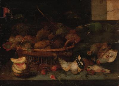 Peter Binoit - A basket of grapes, with other fruit and dead birds on a ledge
