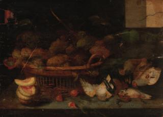 Peter Binoit - A basket of grapes, with other fruit and dead birds on a ledge