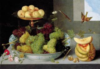 Peter Binoit - Grapes In A Blue And White Porcelain Bowl With Peaches On A Gold Tazza, With A Melon, Shells And Carnations On A Stone Ledge, With Two Birds And A Ladybird
