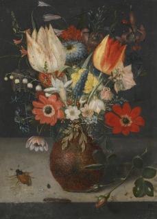 Peter Binoit - Still Life Of Flowers In An Earthenware Vase On A Ledge