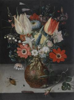 Peter Binoit - Still Life Of Flowers In An Earthenware Vase On A Stone Ledge, With Insects And A Caterpillar Beside It