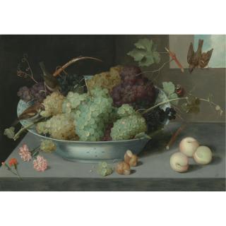 Peter Binoit - Still Life With Bunches Of Grapes In A Porcelain Bowl, Three Sparrows, And A Butterfly, With Peaches And Snails On The Stone Ledge Below