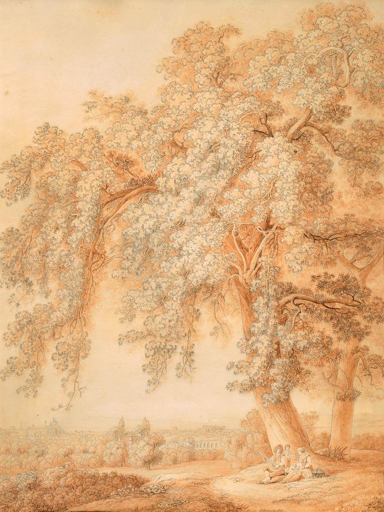 Peter Birmann - In der Umgebung von Rom mit einer Kirche, vorne mit einer rastenden Familie, der Vater mit einer Laute. Um 1785.