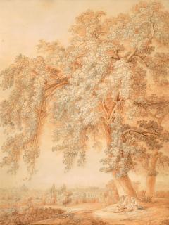 Peter Birmann - In der Umgebung von Rom mit einer Kirche, vorne mit einer rastenden Familie, der Vater mit einer Laute. Um 1785.