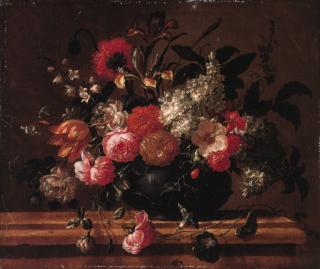 Peter Casteels III - Roses, tulips, irises, lilacs, a poppy and other flowers in a sculpted vase on a stone ledge