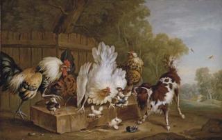 Peter Casteels - A spaniel disturbing chickens by a fence in a landscape