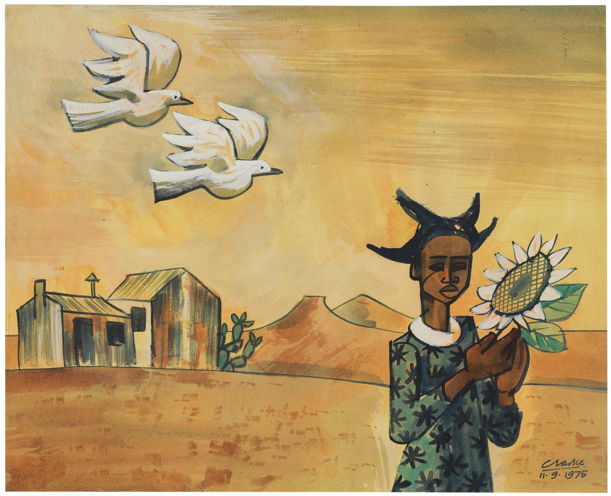 Peter Clarke - South African untitled (Girl With Sunflower)