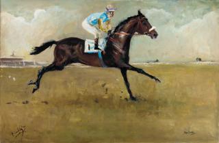 Peter Curling - Mon Plaisir, A Bay Racehorse With A Jockey Up