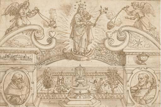 Peter de Jode - Un Projet de Frontispice Avec la Vierge Et L\'Enfant Flanqués de Deux Anges Sur Une Architecture Imaginaire, Ornée de Deux Médaillons Avec Saint Guillaume Et Saint Nicolas, Ouvrant Sur Un Jardin Avec Une Fontaine Au Centre