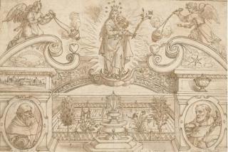Peter de Jode - Un Projet de Frontispice Avec la Vierge Et L\'Enfant Flanqués de Deux Anges Sur Une Architecture Imaginaire, Ornée de Deux Médaillons Avec Saint Guillaume Et Saint Nicolas, Ouvrant Sur Un Jardin Avec Une Fontaine Au Centre