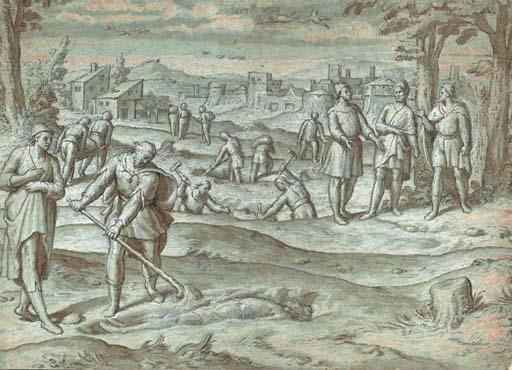 Peter De Kempeneer - Figures unearthing a corpse, with other figures in the background, a city beyond
