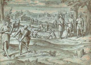 Peter De Kempeneer - Figures unearthing a corpse, with other figures in the background, a city beyond