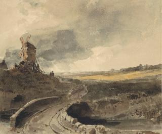 Peter De Wint, O.W.S. - A bridge over a river with a windmill beyond, Lincolnshire