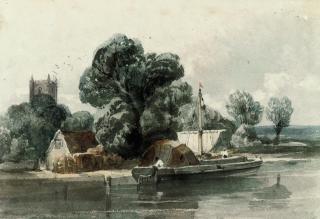 Peter de Wint, O.W.S. - A village by a river with a church, a barge negotiating its way up the river