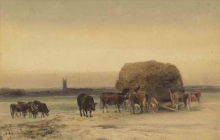 Peter de Wint, O.W.S. - Cattle by a haycart, a church beyond, in the Lincolnshire Wolds
