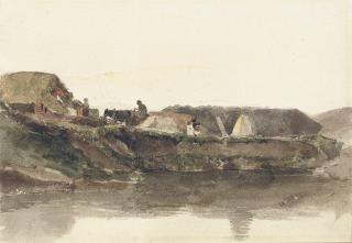 Peter de Wint, O.W.S. - Farm buildings and a cart on the banks of stream