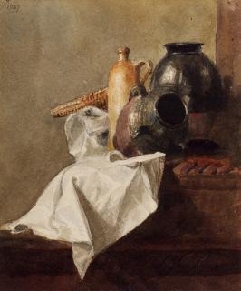 Peter De Wint, O.W.S. - Still life with a bottle, a jug and a napkin
