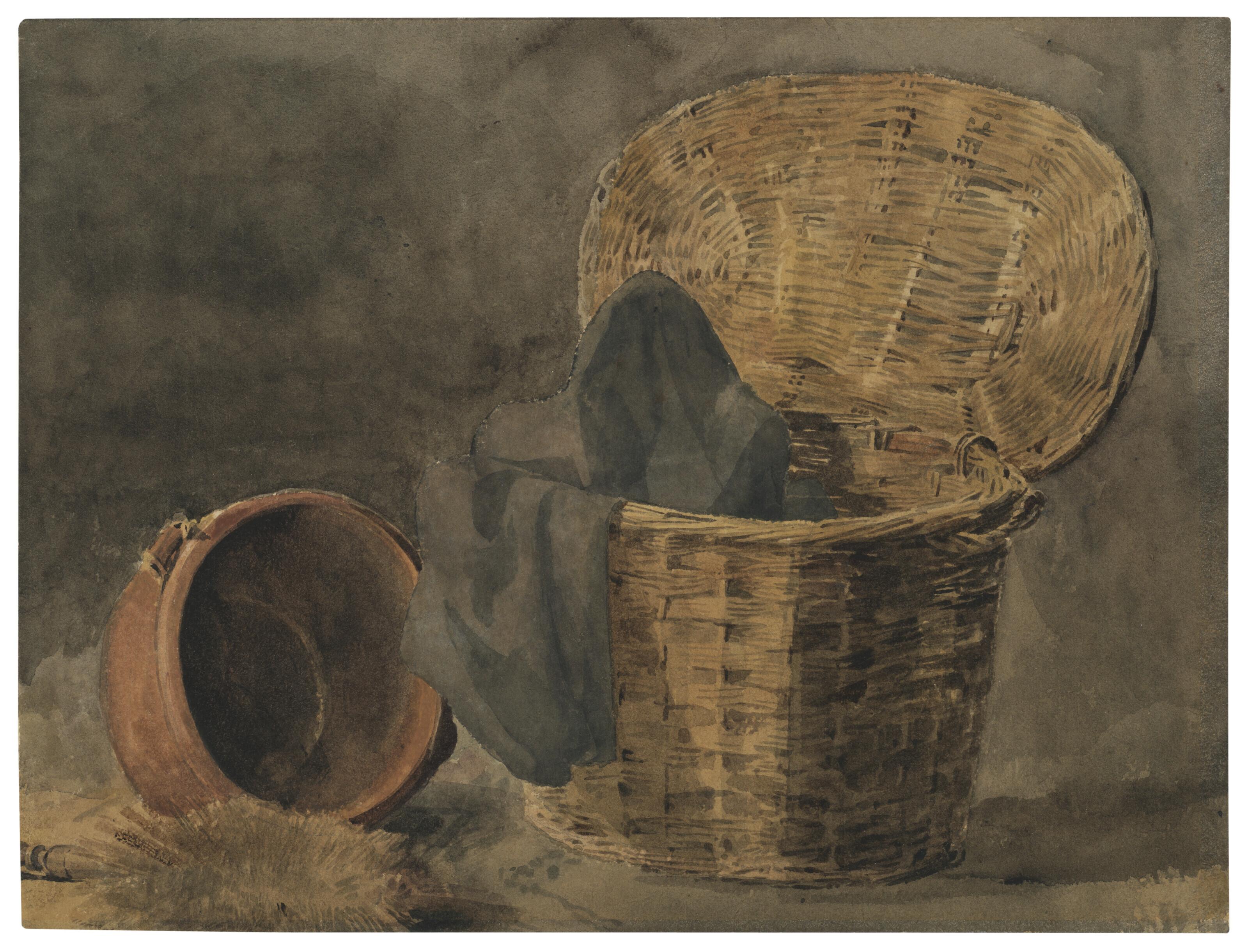 Peter De Wint, O.W.S. - Still life with a wicker basket, cloth, earthenware pot and brush