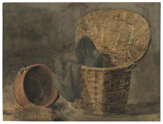 Peter De Wint, O.W.S. - Still life with a wicker basket, cloth, earthenware pot and brush