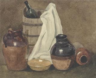 Peter de Wint, O.W.S. - Still life with a wooden pail and stoneware vessels