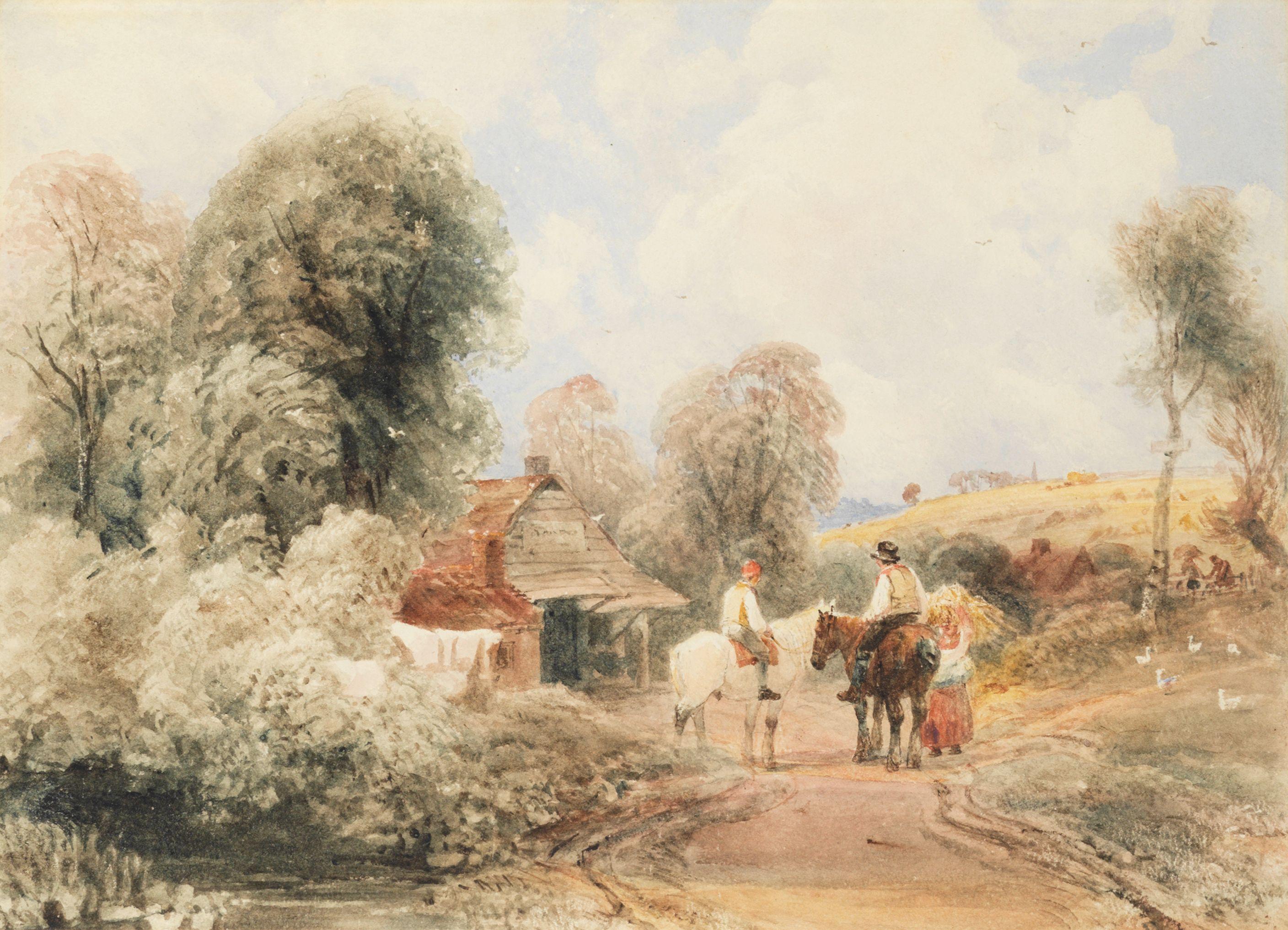 Peter De Wint, OWS - A farm at harvest time with three figures on a road