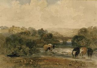 Peter De Wint - Cows beside the river, a castle on the hill beyond, in a rural landscape