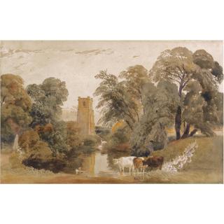 Peter de Wint - Landscape With Cattle, Geese, A Lady Washing Clothes Beside A River And A Church Tower Beyond