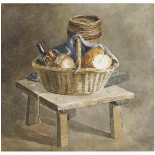 Peter de Wint - Still Life With Basket, Bread, Bottles And A Keg By A Table  
