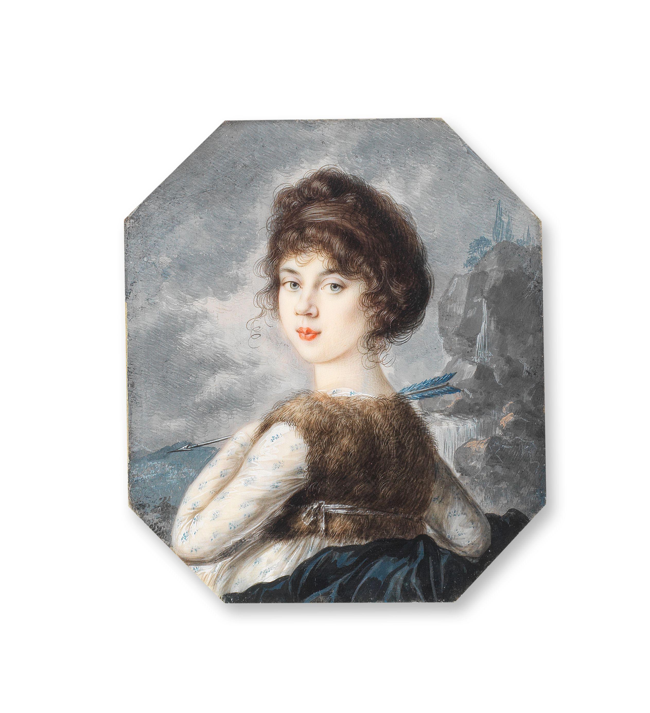 Peter Eduard Stroely - Portrait of a lady, half-length, wearing a fur gilet, and holding an arrow, a landscape beyond