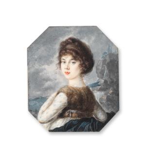 Peter Eduard Stroely - Portrait of a lady, half-length, wearing a fur gilet, and holding an arrow, a landscape beyond