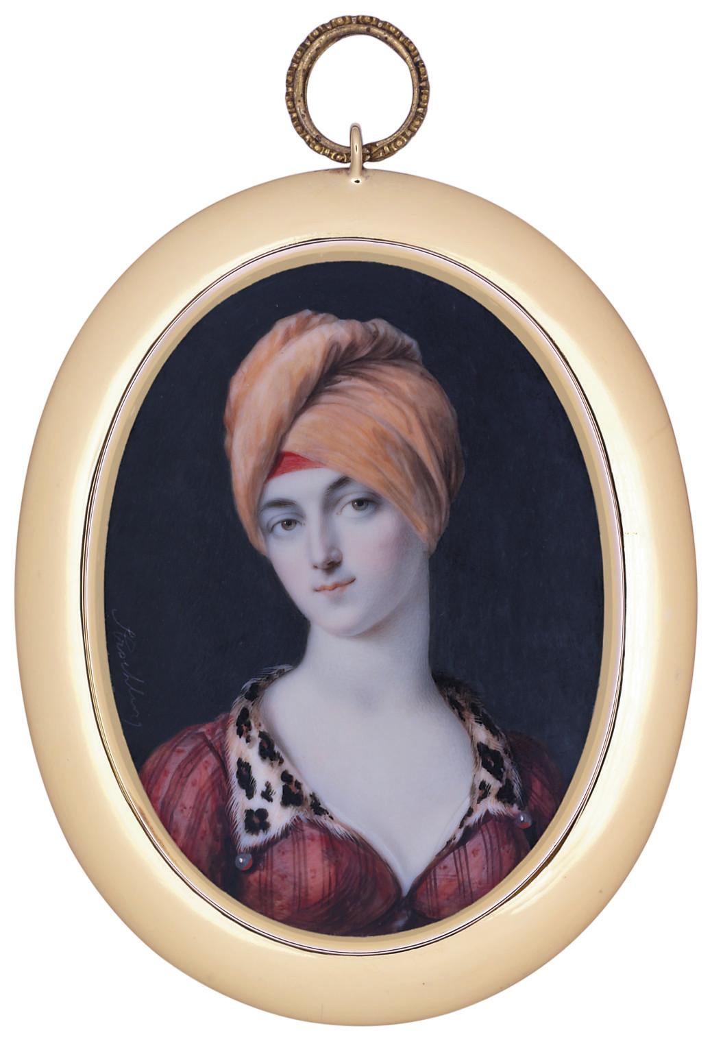 Peter Edward Stroely - Mary Nelson Dudding, in printed red pelisse with leopard skin collar with drop-pearls at corners, white underdress, orange turban