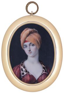 Peter Edward Stroely - Mary Nelson Dudding, in printed red pelisse with leopard skin collar with drop-pearls at corners, white underdress, orange turban